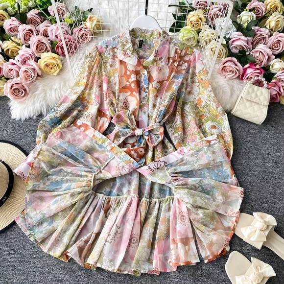 🎀 RUFFLE DRESS BOHO CHIC PASTEL MINI FLORAL FLOWER BOHEMIAN LAYER PRETTY CUTE - Picture 14 of 15